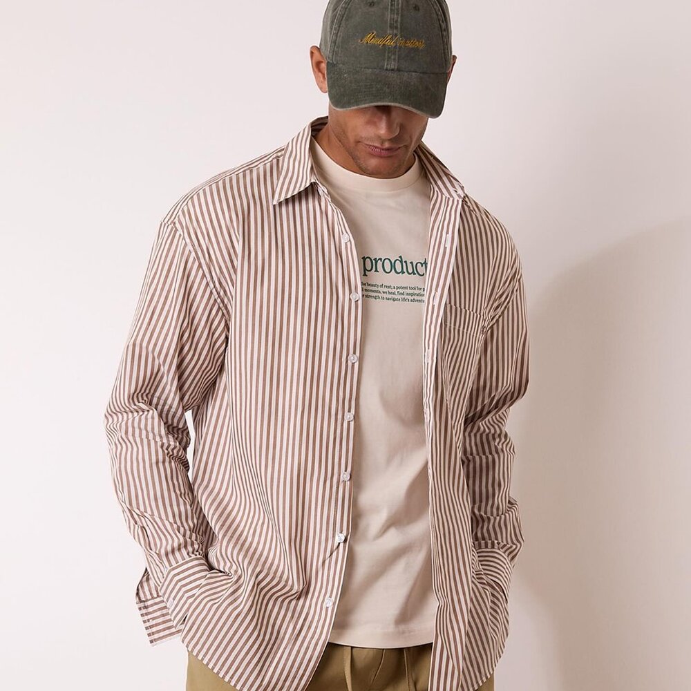 Active After Coffee White and Toffee Striped Everyday Shirt New